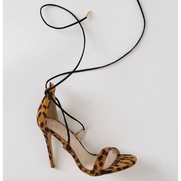 NEW LULUS Size 6 Aimee Suede Leopard Lace Up Heels Black Animal Print Strappy - Picture 9 of 11
